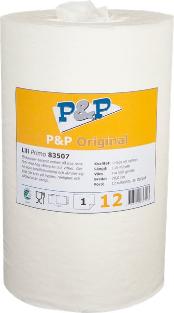 Handtorkrulle 1-lag vit nyfiber S hylslös 20,5cmx115/rl 12rl/krt