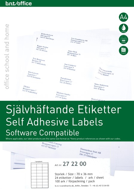 Kopierings & laseretiketter 70x36mm/24 etiketter per ark med 1 grepp